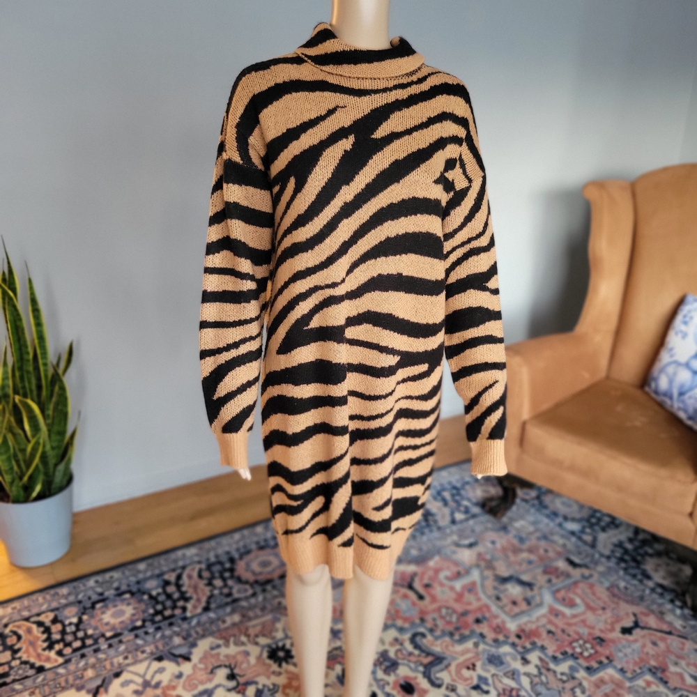 Brave Soul Black & Tan Zebra Print Turtleneck Sweater Dress, Size Large, ASOS